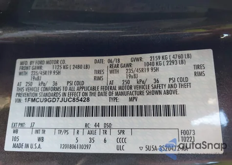 2018 Ford Escape Se z USA, uszkodzony, nr VIN 1FMCU9GD7JUC85428